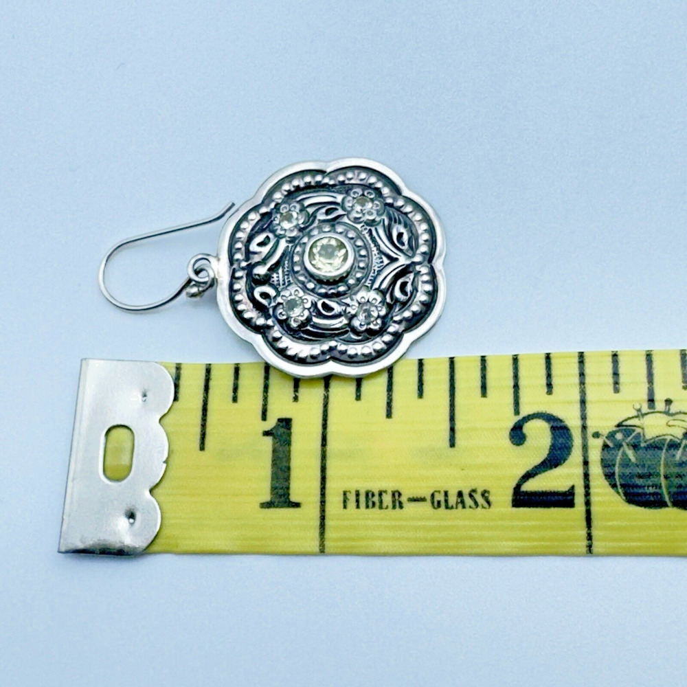 Sterling Silver 925 Peridot Flower Dangle Earrings Artisan August Oxidized 6g - Picture 7 of 10